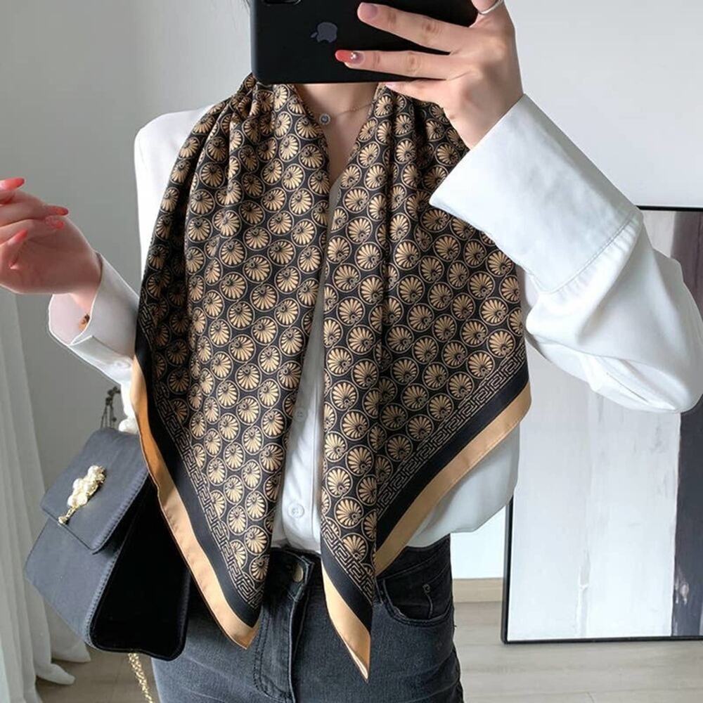 2/$24 NEW Tan Black Cream Geometric Printed Silky Fashion Scarf